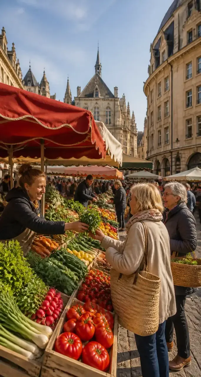 Marché local à Metz, commerçants et habitants