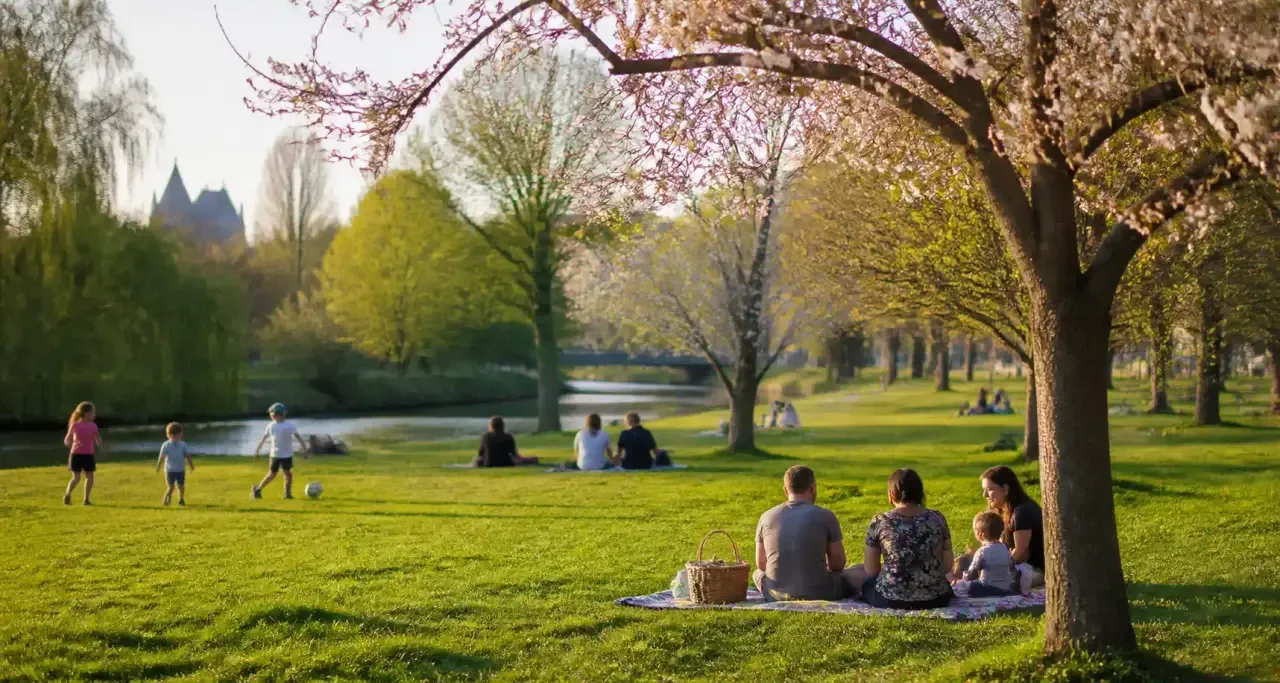 Famille au parc de la Seille à Metz au printemps