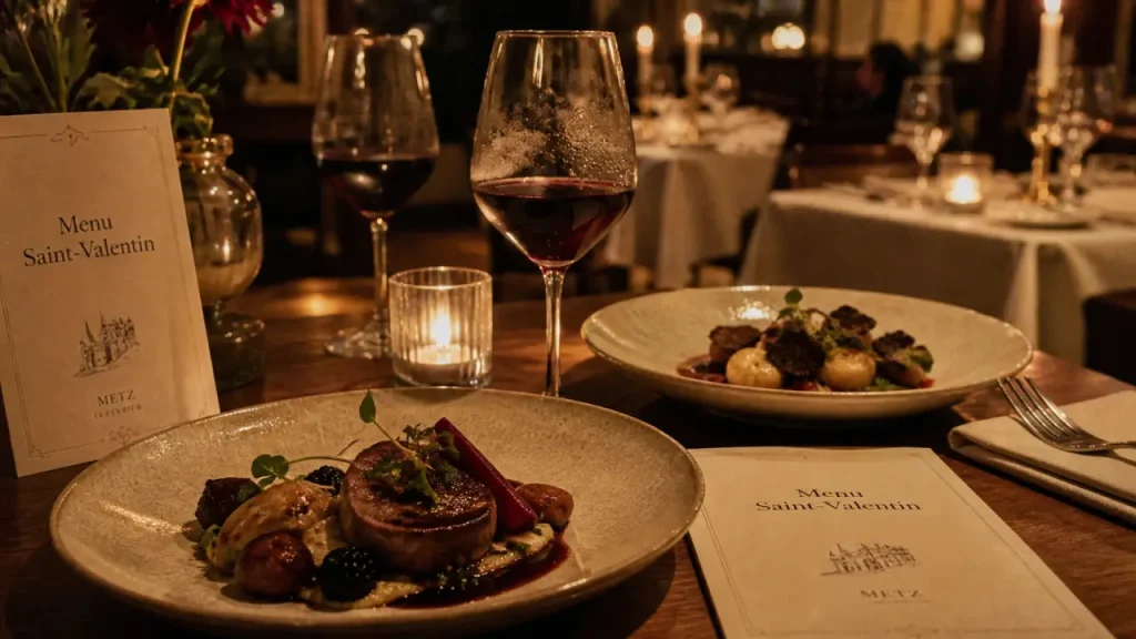 Restaurant Metz Saint-Valentin : menu romantique sur table bois, bougies et vin