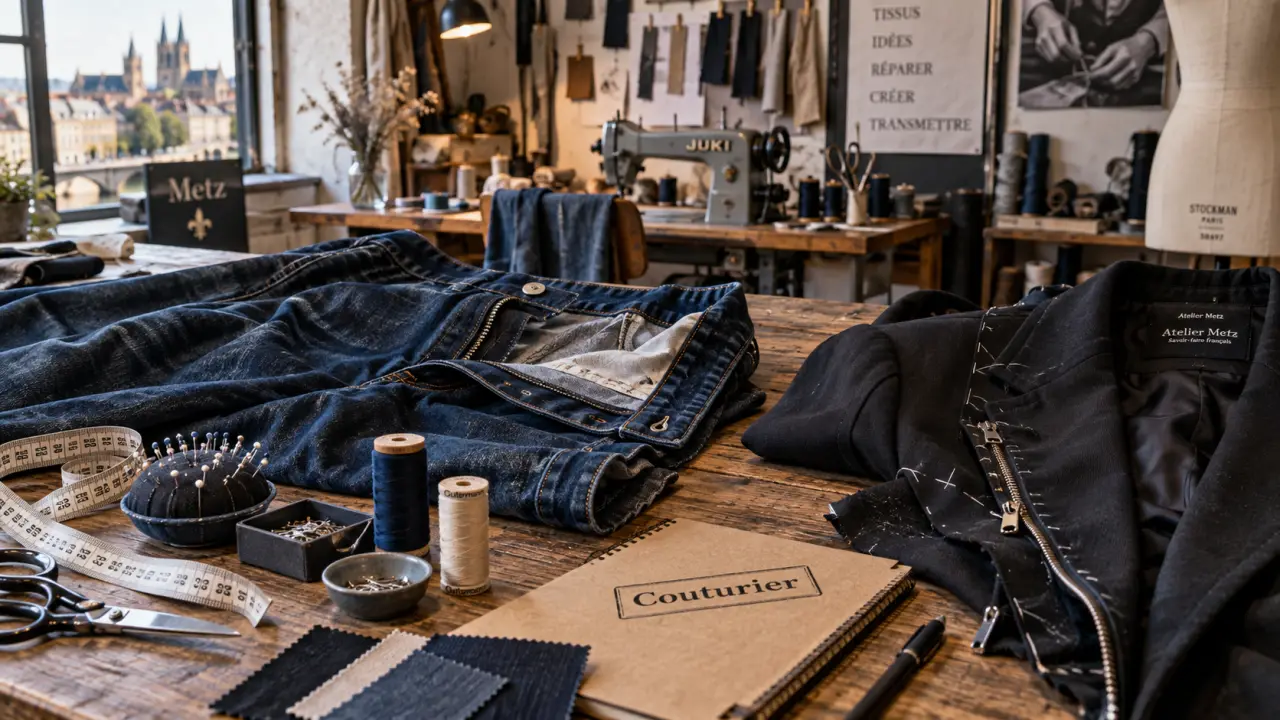 Couturier Metz en atelier : retouche, réparation et sur-mesure sur jean et veste