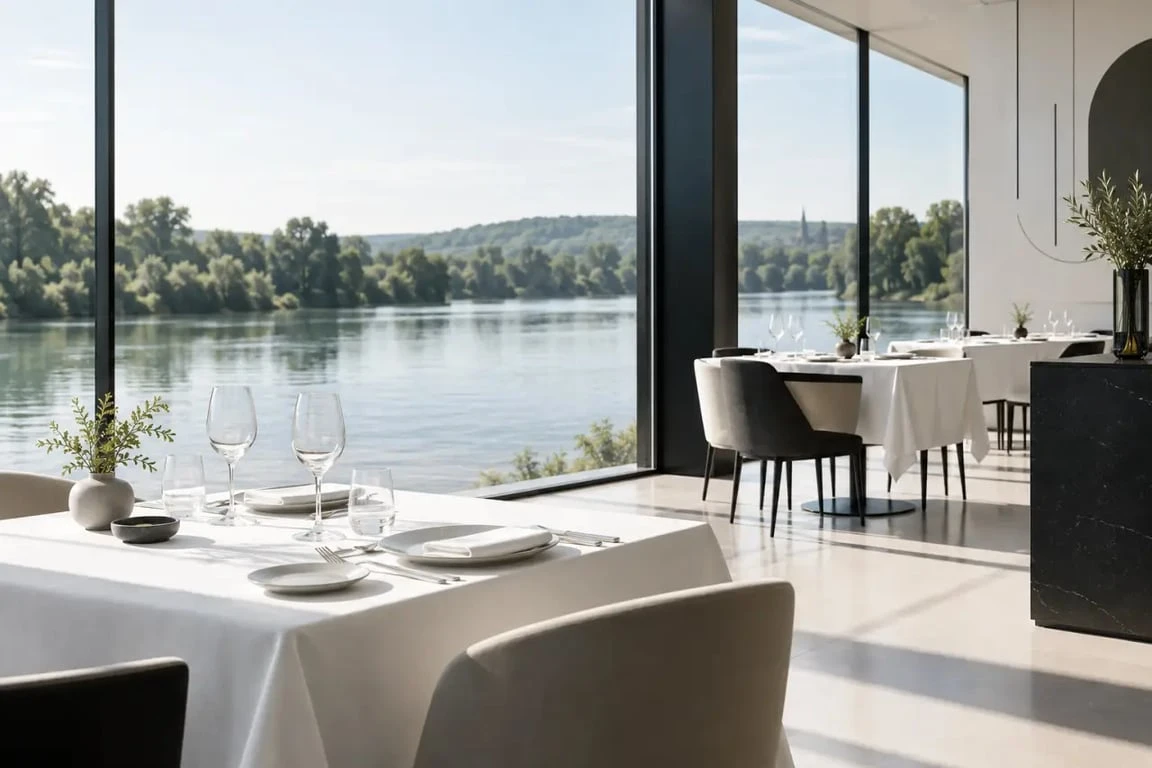 Restaurant Les Rives à Longeville-lès-Metz au bord de la Moselle, ambiance intérieure avec vue sur l’eau