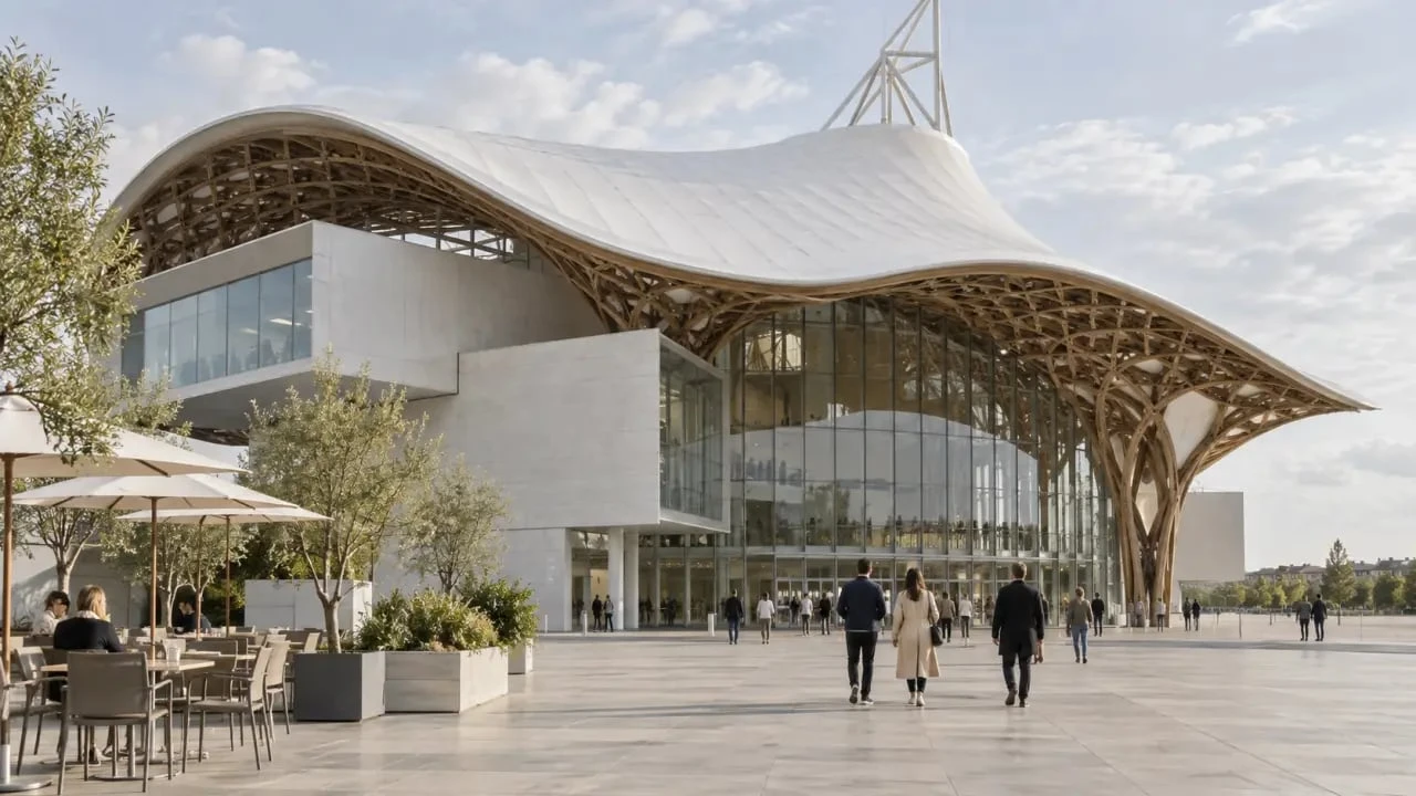 Restaurant du Centre Pompidou-Metz et vue du bâtiment depuis le parvis