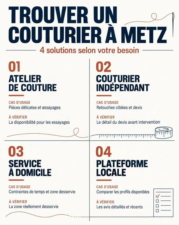 Infographie pour choisir un couturier à Metz entre atelier, indépendant, service à domicile et plateforme locale
