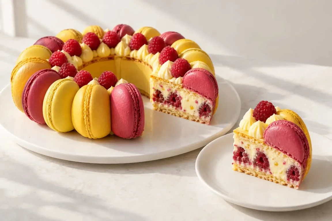 Pâtisserie Paris-Metz tricolore avec mousseline au bonbon Arlequin et framboises