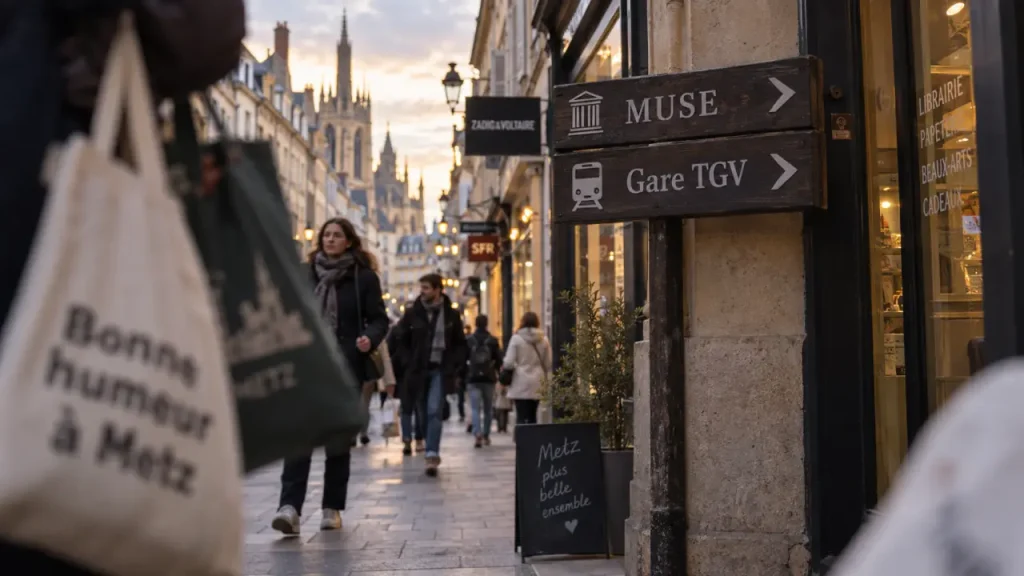 Magasin à Metz : rue commerçante avec panneau Gare TGV