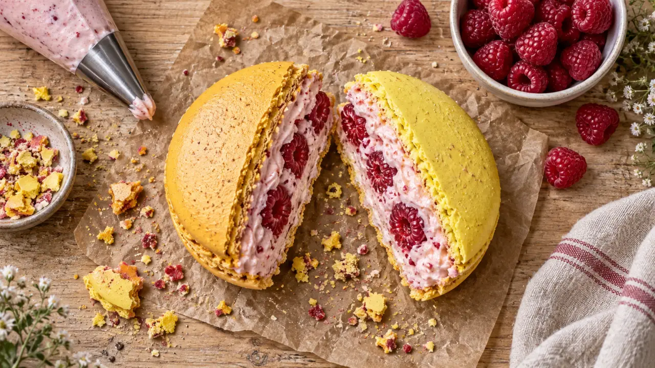 patisserie paris metz macaron tricolore jaune et rose, en coupe