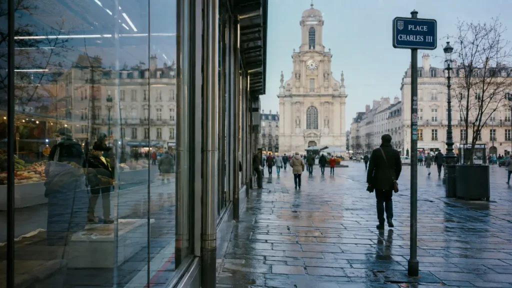 Place Henri Mengin à Nancy : marché couvert et panneau Charles III