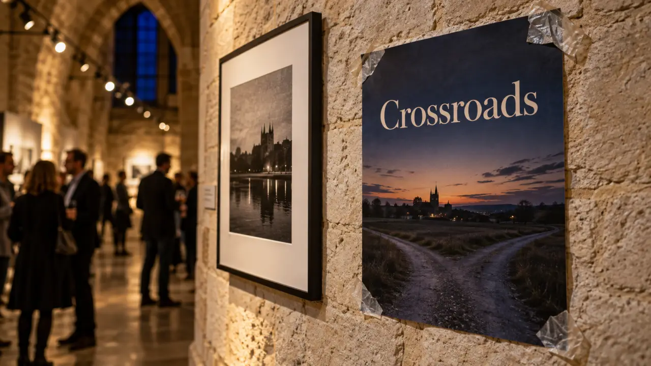 Arsenal Metz expo photo : affiche Crossroads en galerie, visiteurs floutés