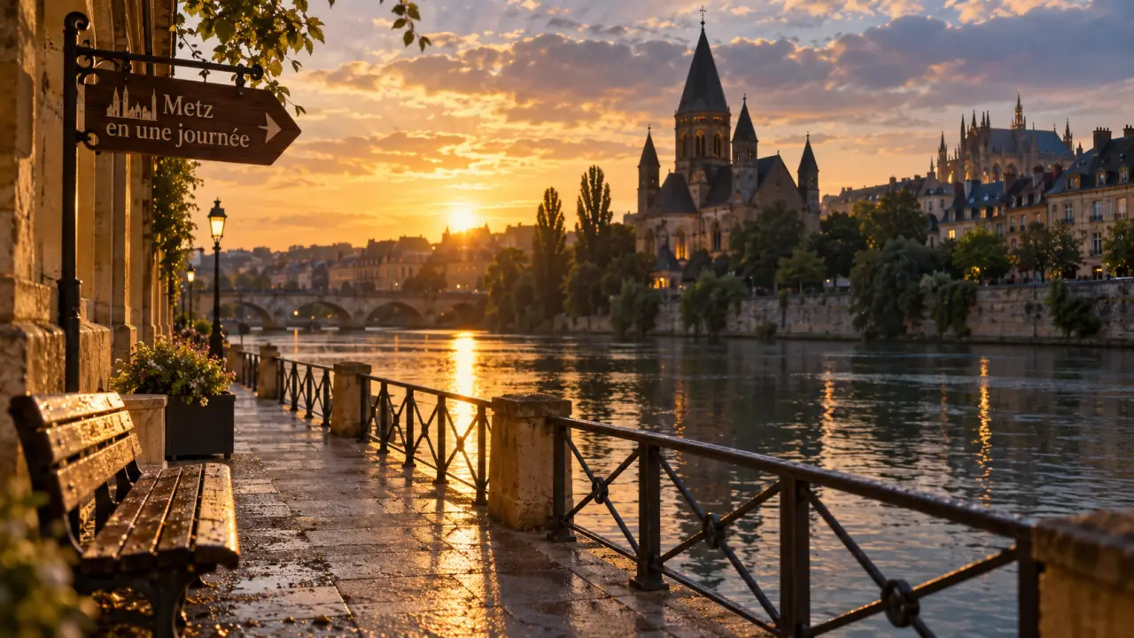 Visiter Metz : Moselle et Temple Neuf au coucher du soleil